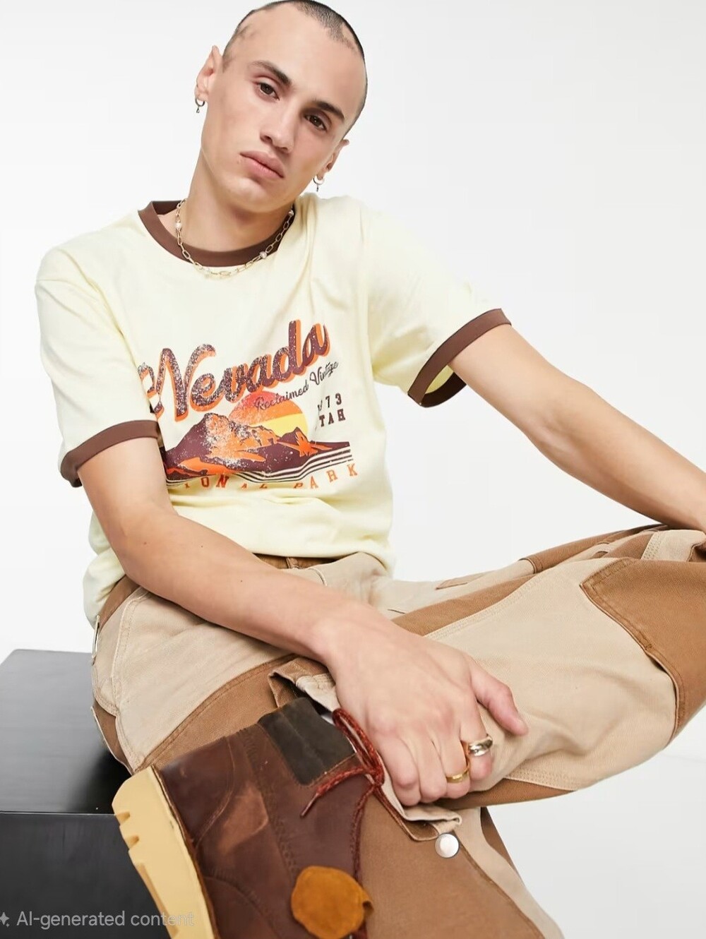 Nevada Graphic Ringer T-Shirt - Cream with Brown Trim